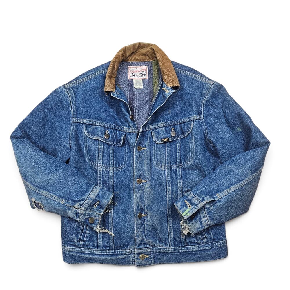 LEE STORM RIDER Denim Jacket Mens 40R VTG 80s Blanket Lined Lived in Distressed